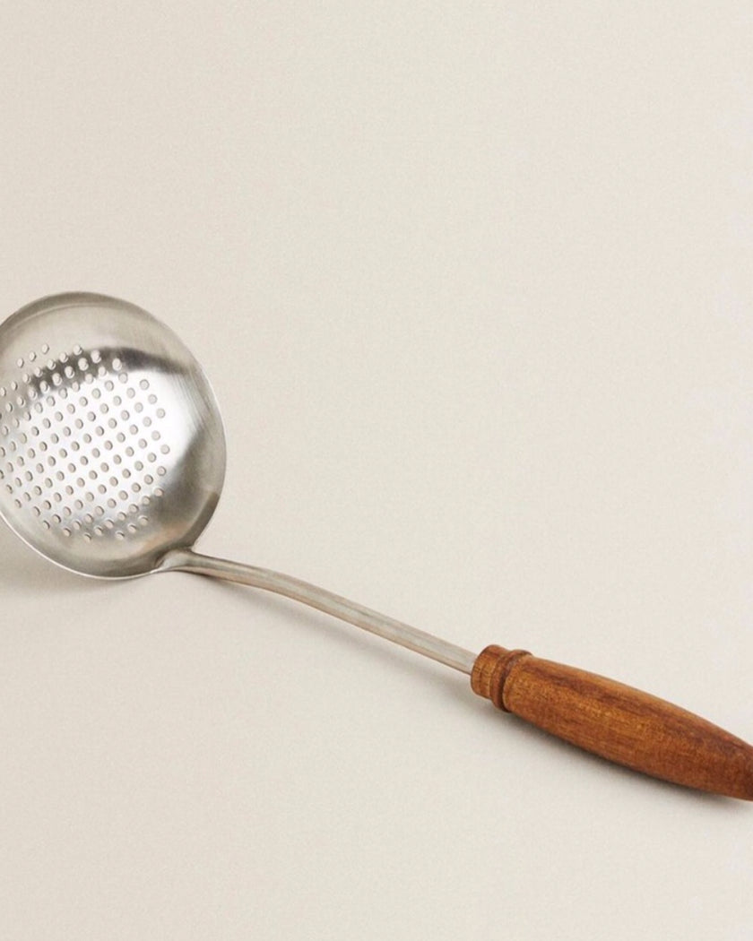 COMBO DEAL Set of 2 Stainless Steel Slotted Spoon With Wooden Handle Spatula