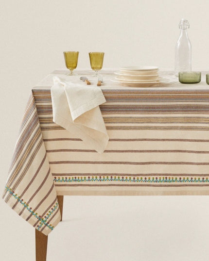 Striped and Embroidered Tablecloth (6-8 pax)