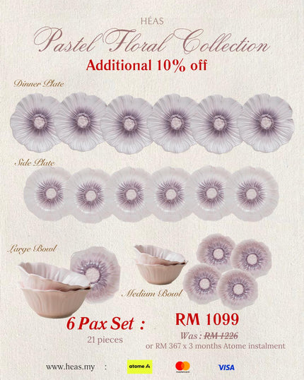 Pastel Floral Dinnerware Lilac Bloom (6 Pax Set – 21 pieces)