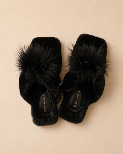 Black Feather Flat Slippers (Size EU 35)
