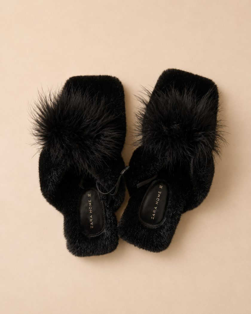 Black Feather Flat Slippers (Size EU 35)