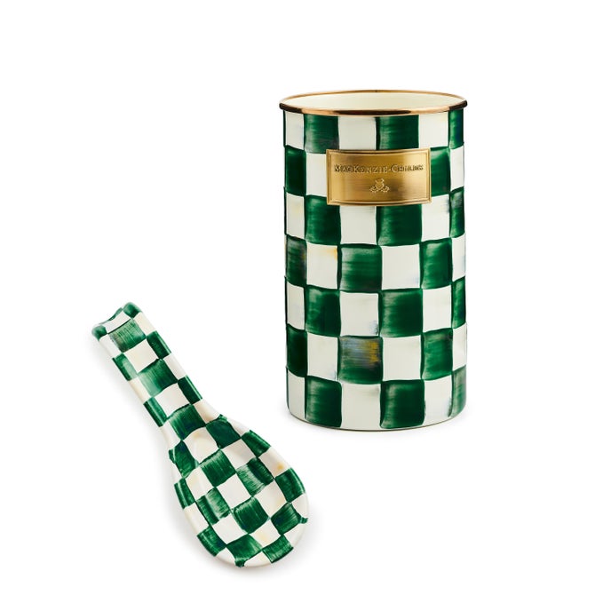 Emerald Check Enamel Utensil Holder & Spoon Rest Set