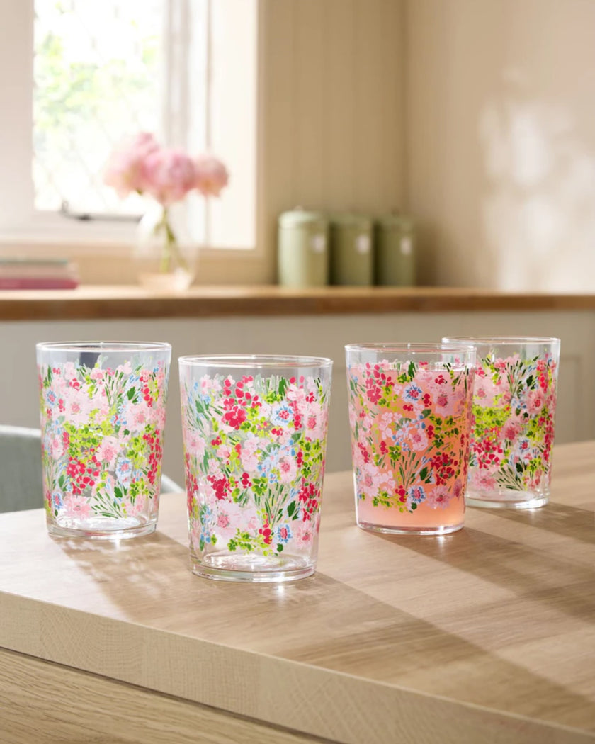 Pink Lisse Floral Set of 4 Tall Tumbler Glasses