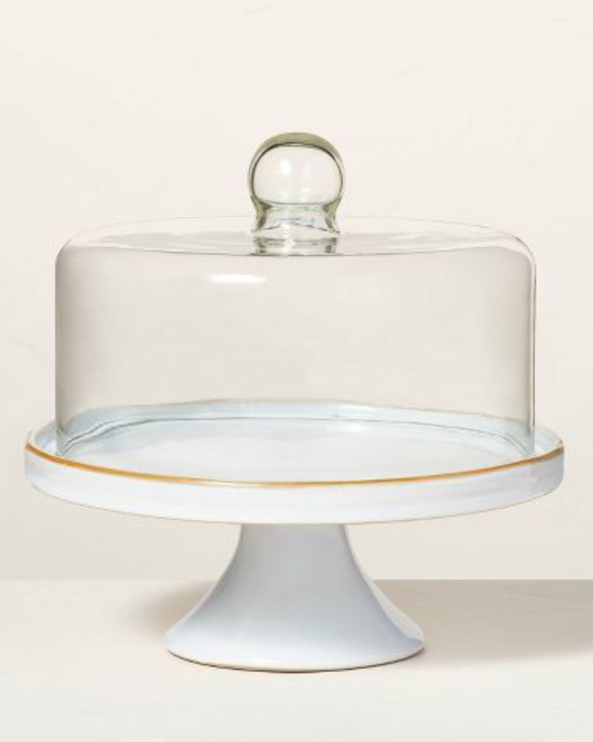 Stoneware Reactive Glaze Cake Stand with Glass Cloche