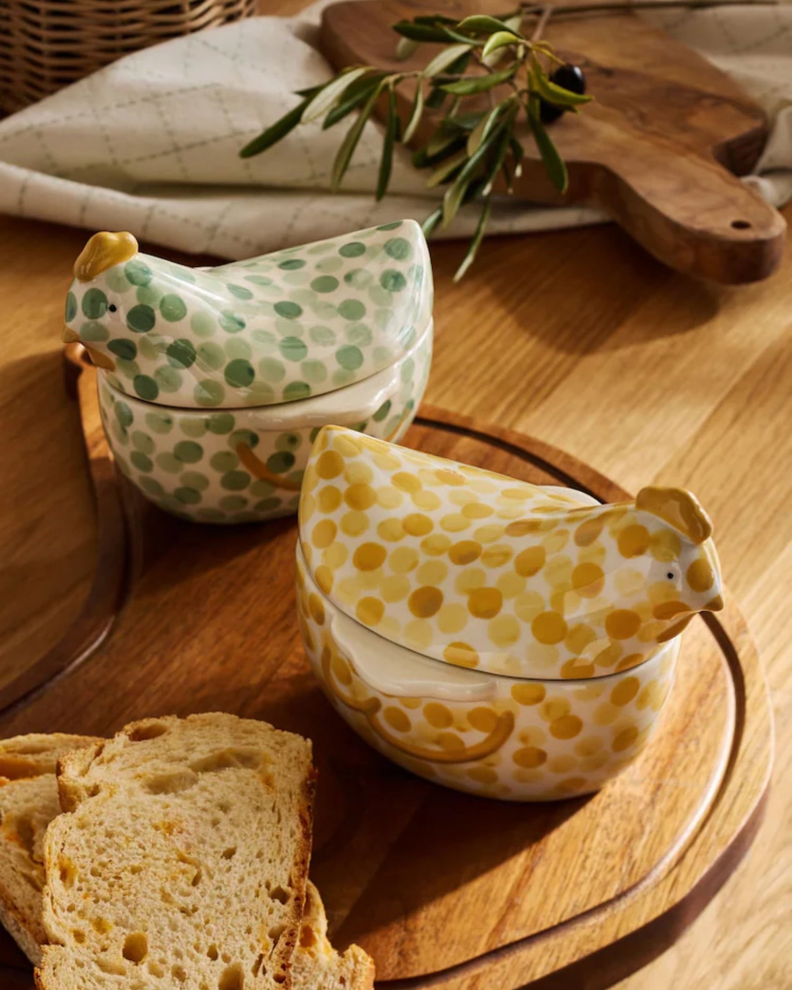 Set of 2 Sage Green Chicken Nibble Bowls with Lid