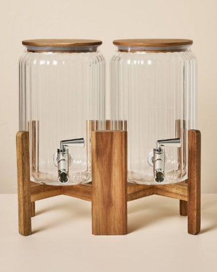 11.4 Litres Ribbed Plastic Double Beverage Dispenser with Wood Stand