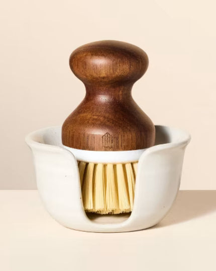 Glazed Stoneware Sink Caddy & Nylon Scrub Brush Cream