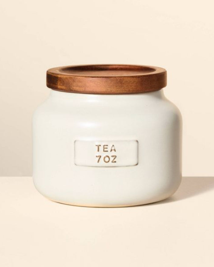 7oz Stoneware Tea Canister with Wood Lid Cream/Brown