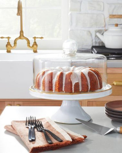 Stoneware Reactive Glaze Cake Stand with Glass Cloche