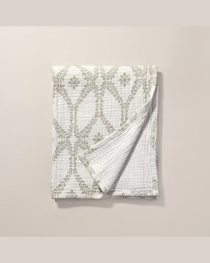 Trellis Pattern Cotton Throw Blanket Green/Cream