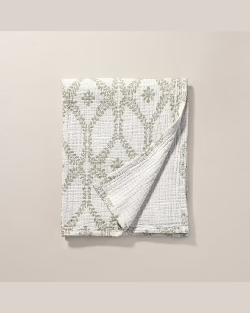 Trellis Pattern Cotton Throw Blanket Green/Cream