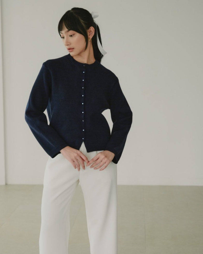 Classic Buttoned Knit Top (Navy Blue)