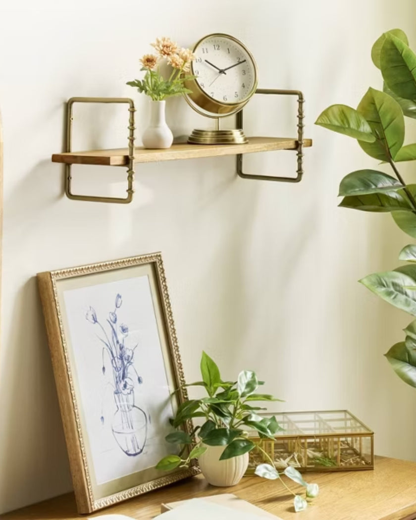 Turned Brass and Wood Wall Shelf (1 tier)