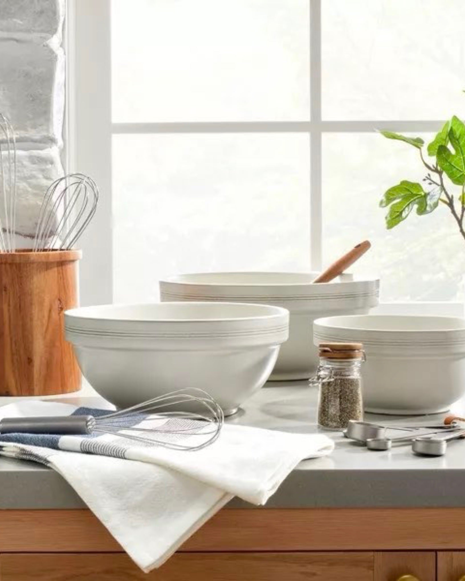 Set of 3 Brim Stripe Stoneware Mixing/Serving Bowl Set Cream