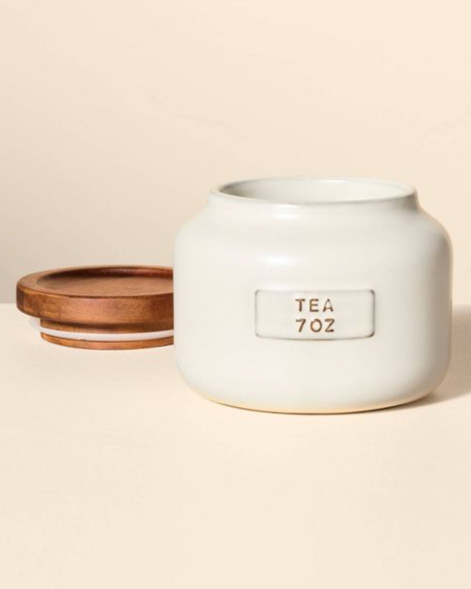 7oz Stoneware Tea Canister with Wood Lid Cream/Brown