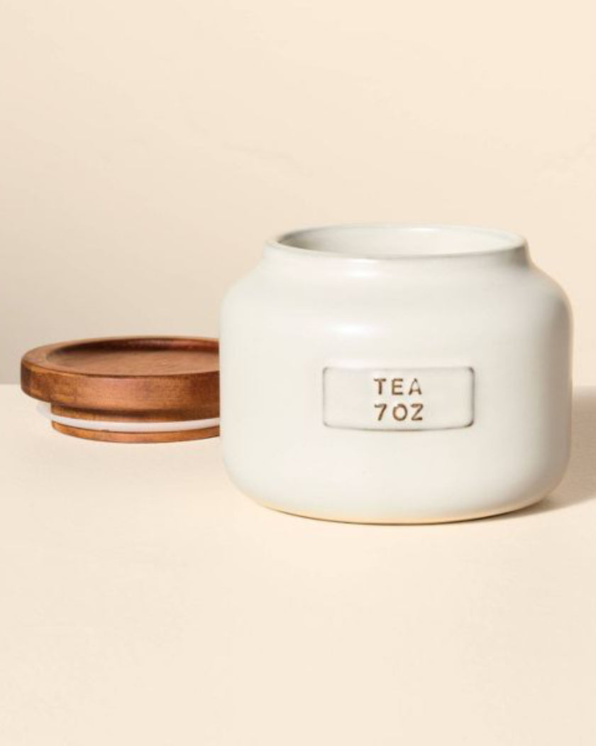 7oz Stoneware Tea Canister with Wood Lid Cream/Brown