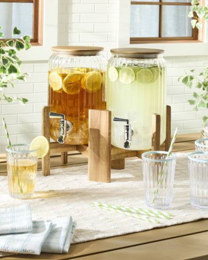 11.4 Litres Ribbed Plastic Double Beverage Dispenser with Wood Stand