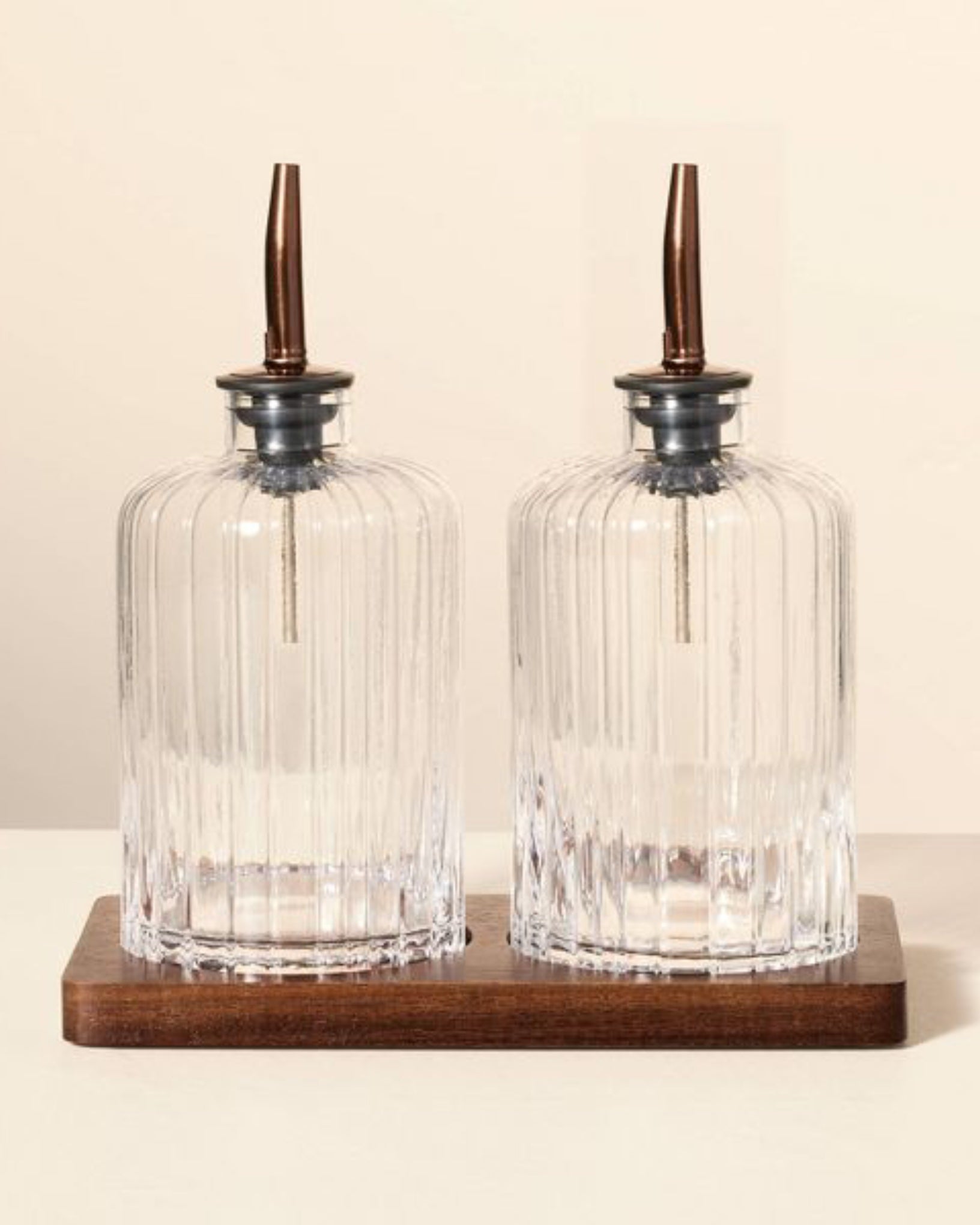 Oil & Vinegar Ribbed Glass Bottle Set with Wood Base