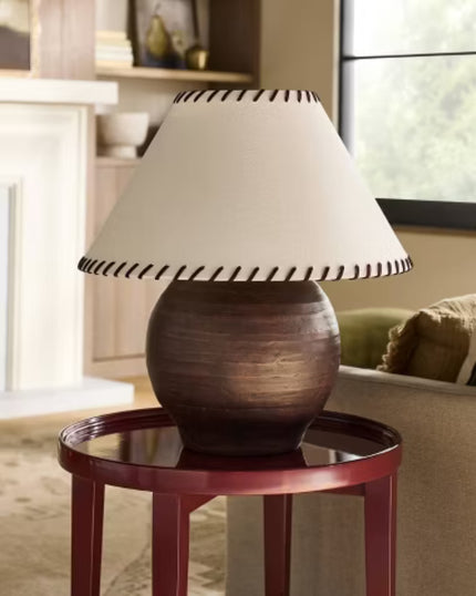 Large Earthy Table Lamp with Whipstitch Shade