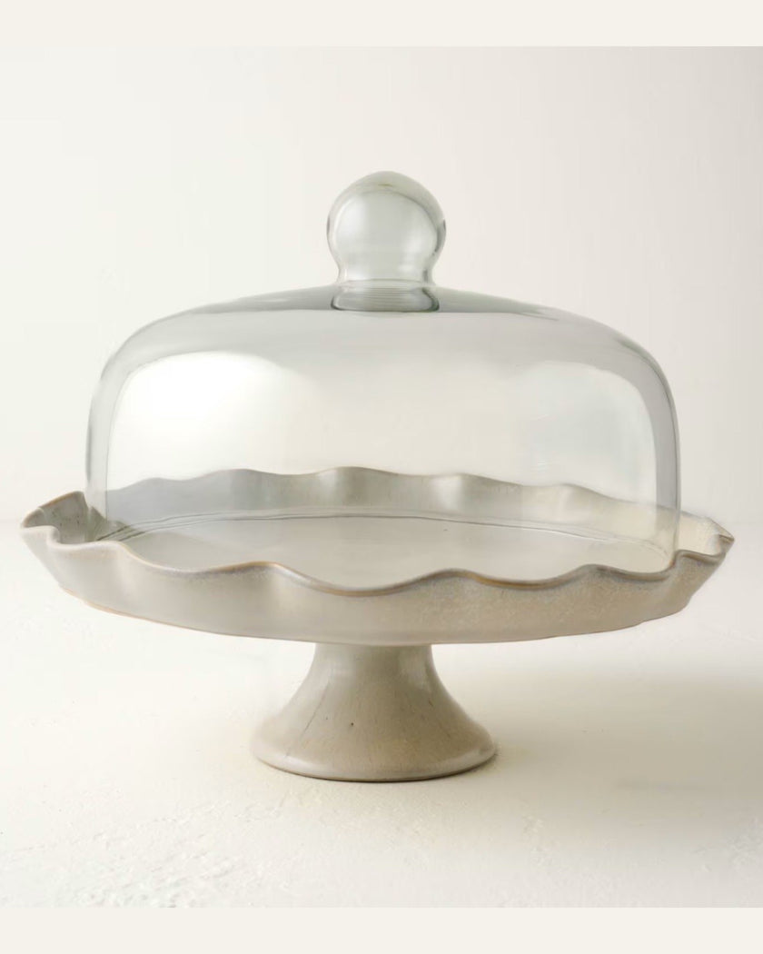 French Grey Ruffle Cake Stand with Dome