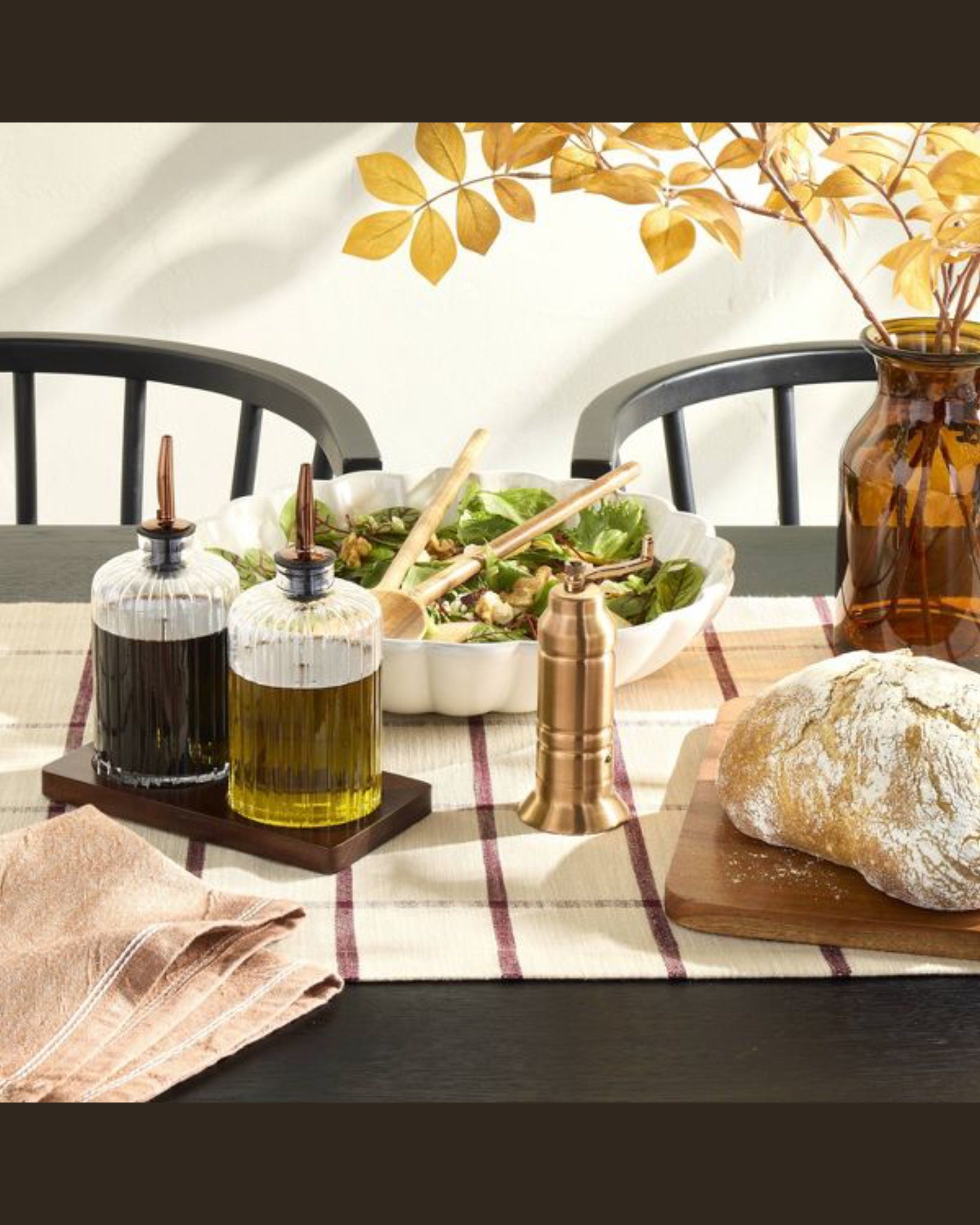 Oil & Vinegar Ribbed Glass Bottle Set with Wood Base