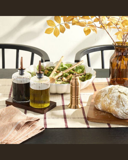 Oil & Vinegar Ribbed Glass Bottle Set with Wood Base