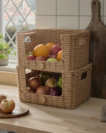 Set of 2 Natural Plastic Wicker Kitchen Storage Baskets
