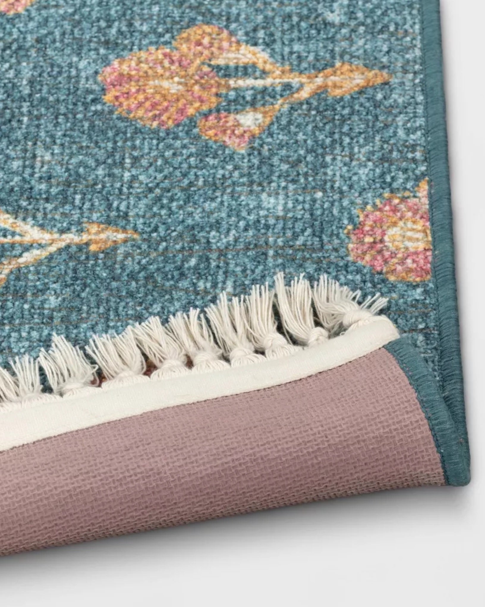 Blue Blossom Florals Printed Rug with Tassels