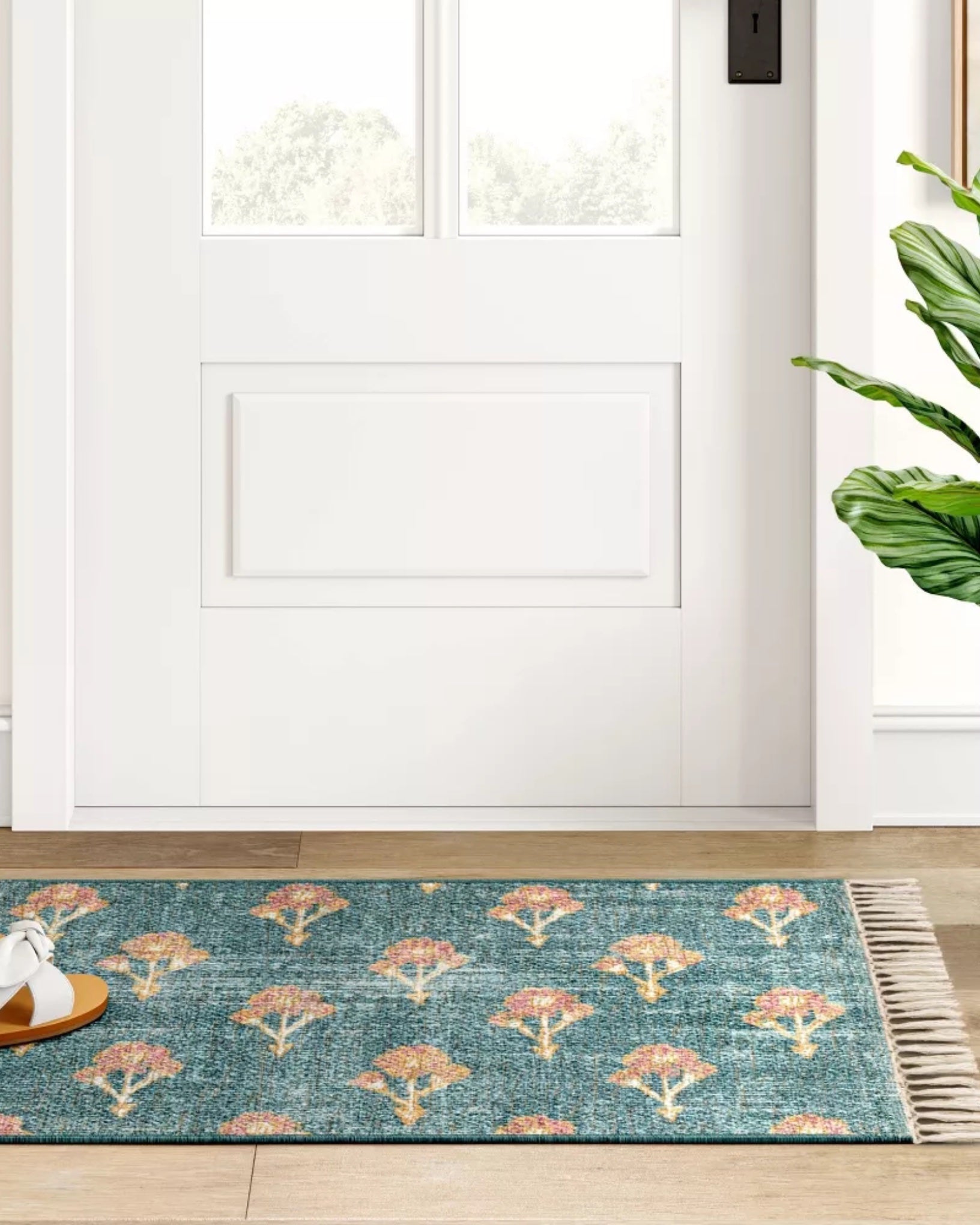 Blue Blossom Florals Printed Rug with Tassels