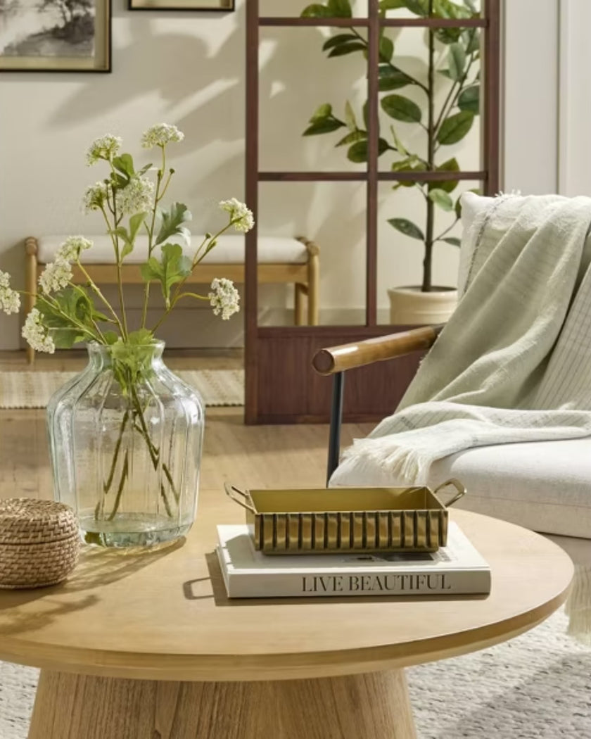 Modern Fluted Metal Decor Tray Brass Finish