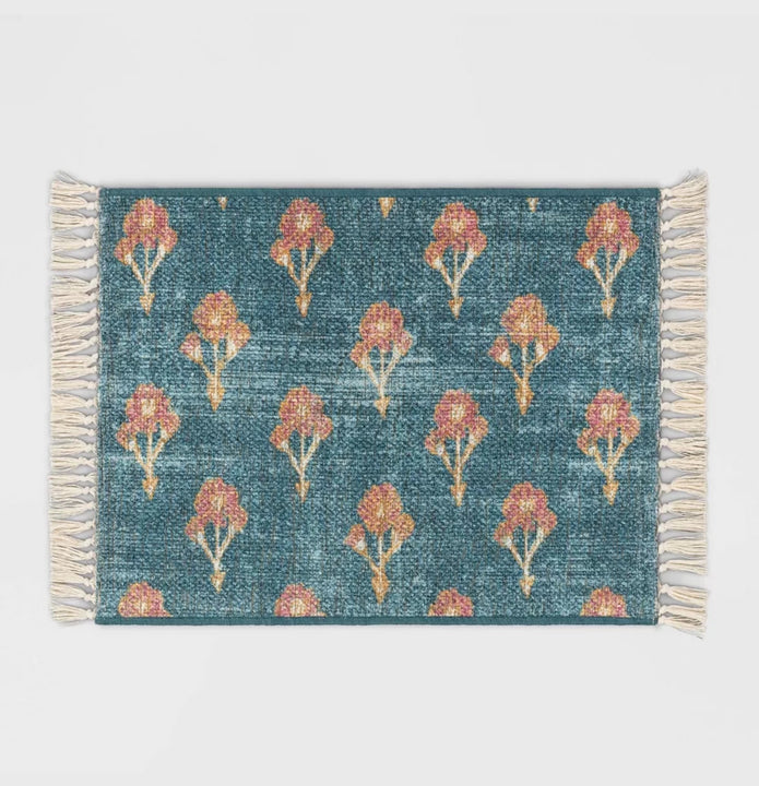 Blue Blossom Florals Printed Rug with Tassels