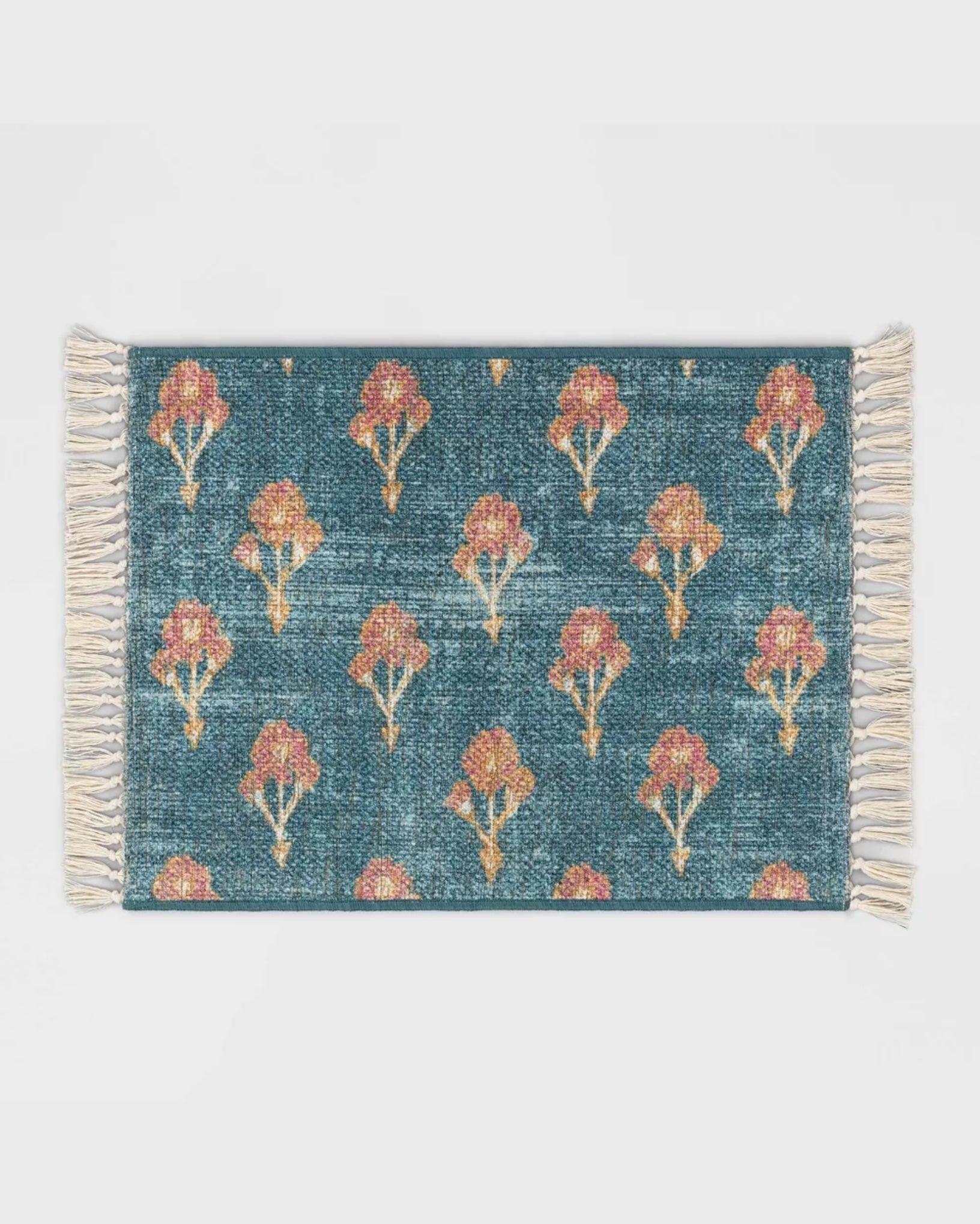 Blue Blossom Florals Printed Rug with Tassels