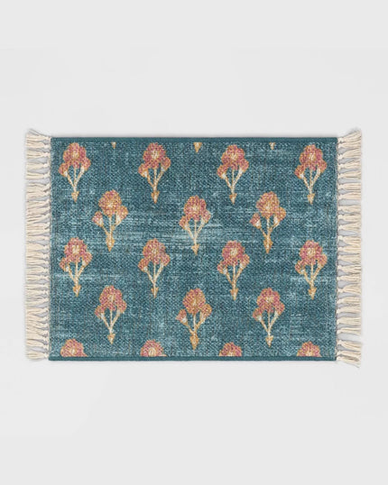 Blue Blossom Florals Printed Rug with Tassels