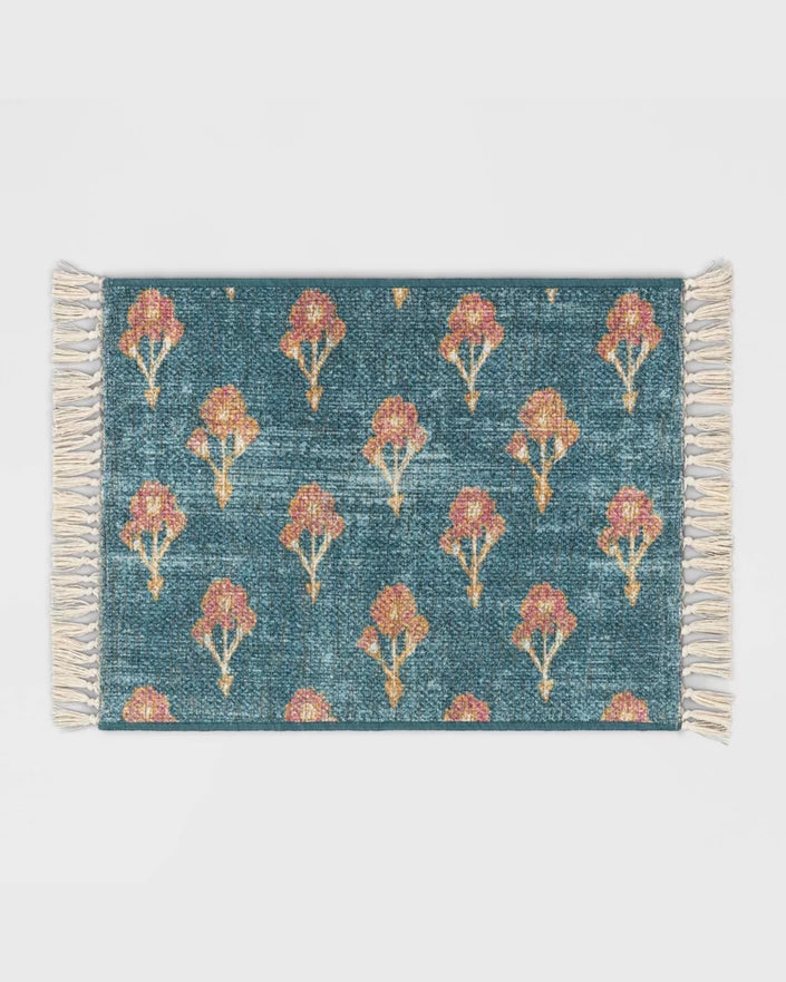 Blue Blossom Florals Printed Rug with Tassels