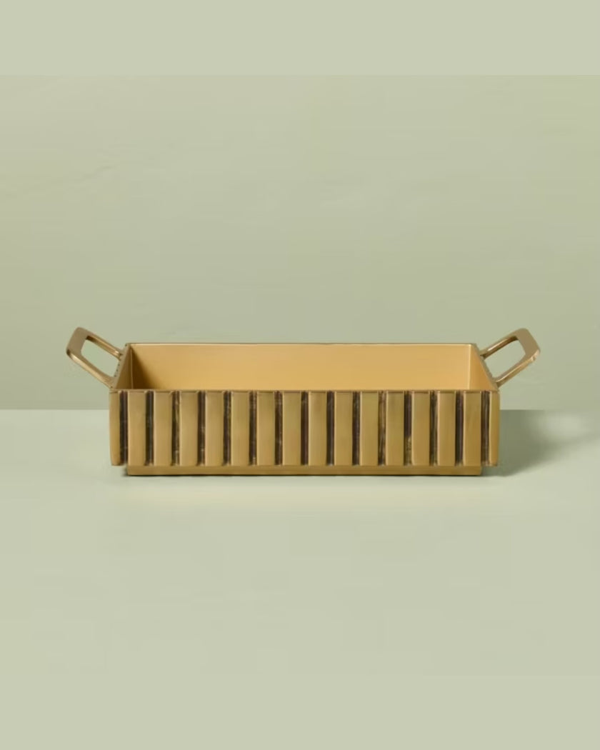 Modern Fluted Metal Decor Tray Brass Finish
