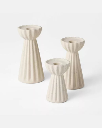 Set of 3 Ceramic Ribbed Taper Candle Holders Beige