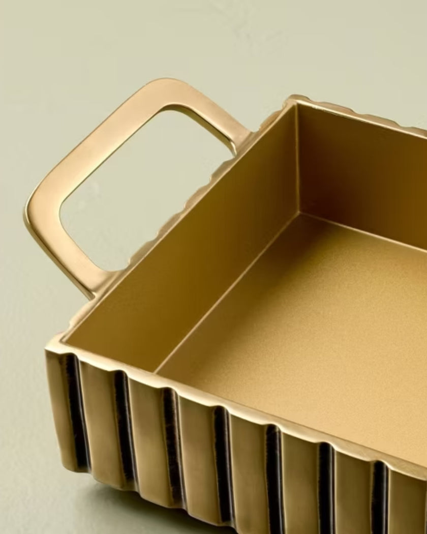 Modern Fluted Metal Decor Tray Brass Finish