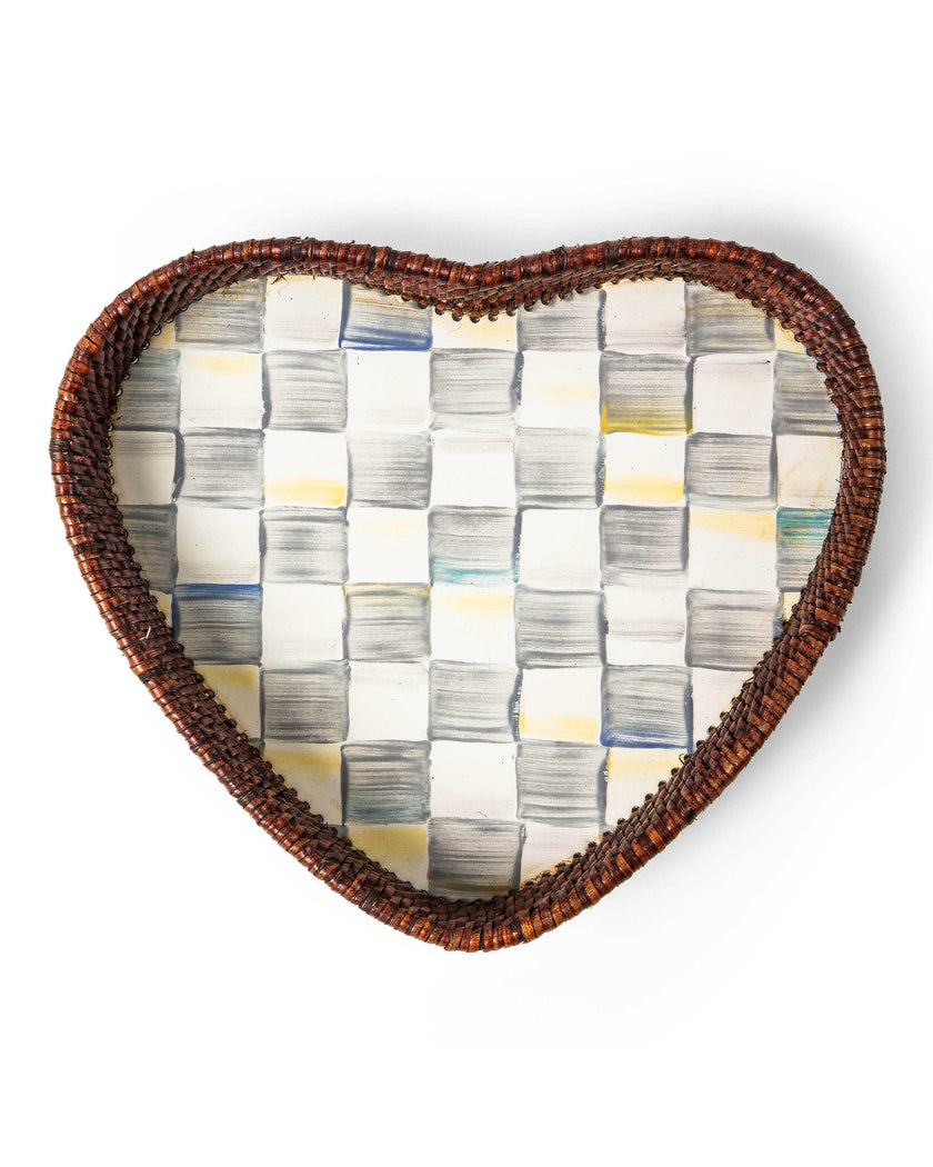 Sterling Check Rattan & Enamel Heart Tray