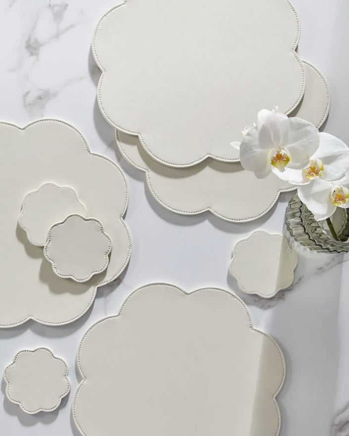 Cream Flower Faux Leather Placemats and Coasters