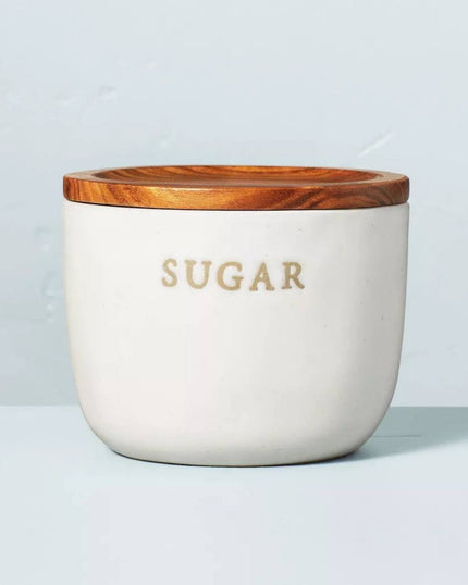 Stoneware Sugar Cellar with Wood Lid Cream/Brown