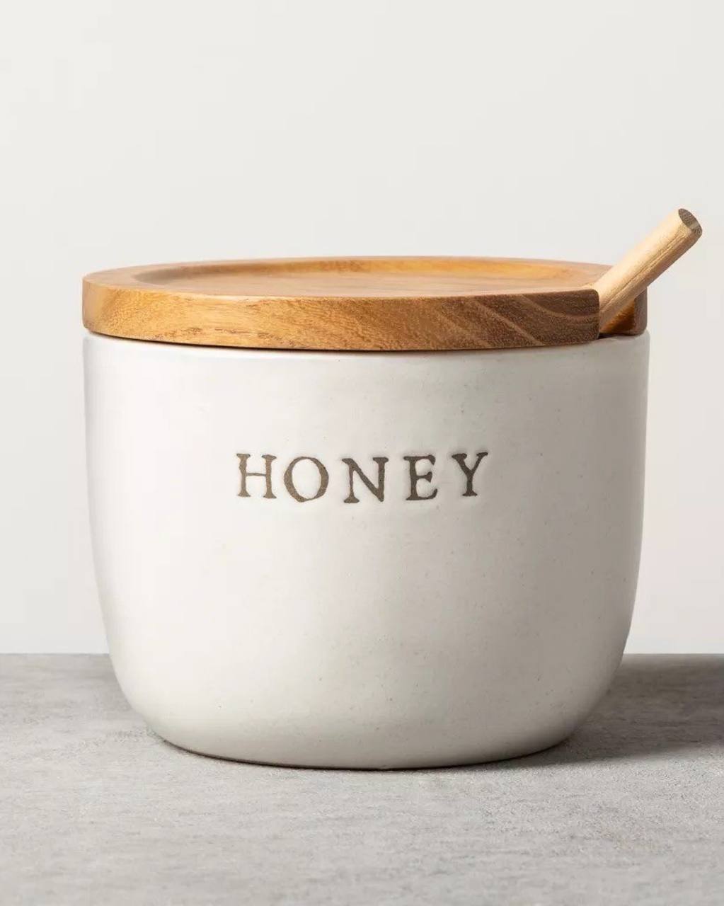 Stoneware Honey Pot with Wood Lid & Dipper Cream/Brown