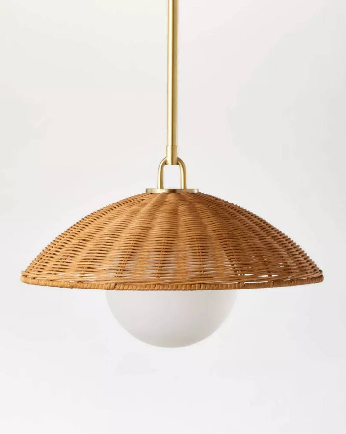 Wicker Dome Pendant with Opal Glass Ball Ceiling Light Lamp Brown