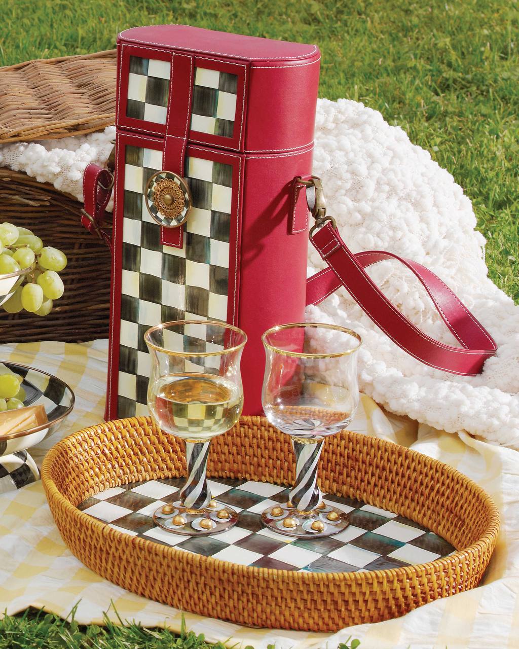 Courtly Check Rattan & Enamel Large Serving Tray