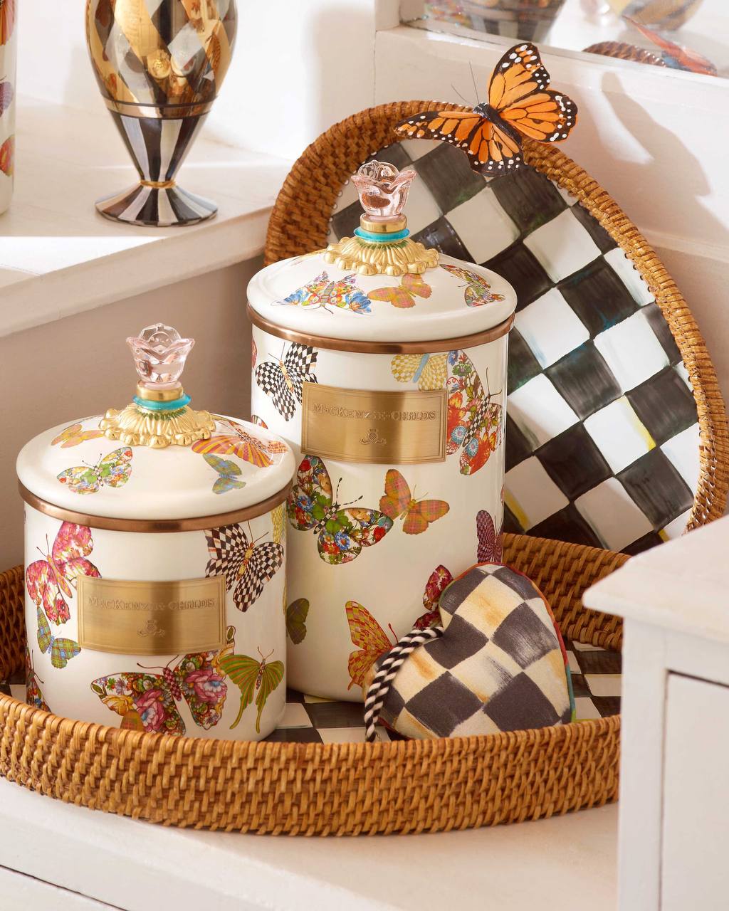 Courtly Check Rattan & Enamel Large Serving Tray