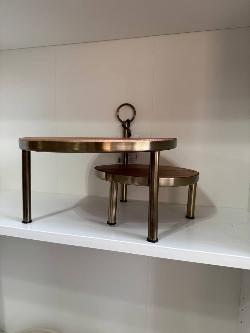 [imperfect] Tiered Wood & Metal Nested Round Serving Stand Brass/Brown