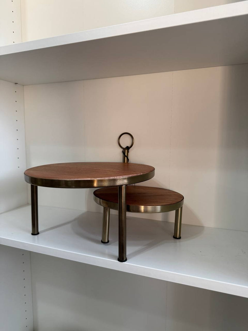 [imperfect] Tiered Wood & Metal Nested Round Serving Stand Brass/Brown