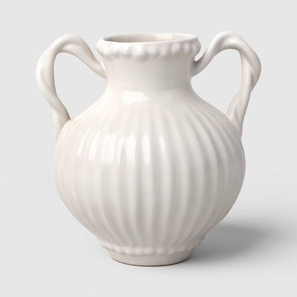 Beaded Ceramic Handled Vase Ivory