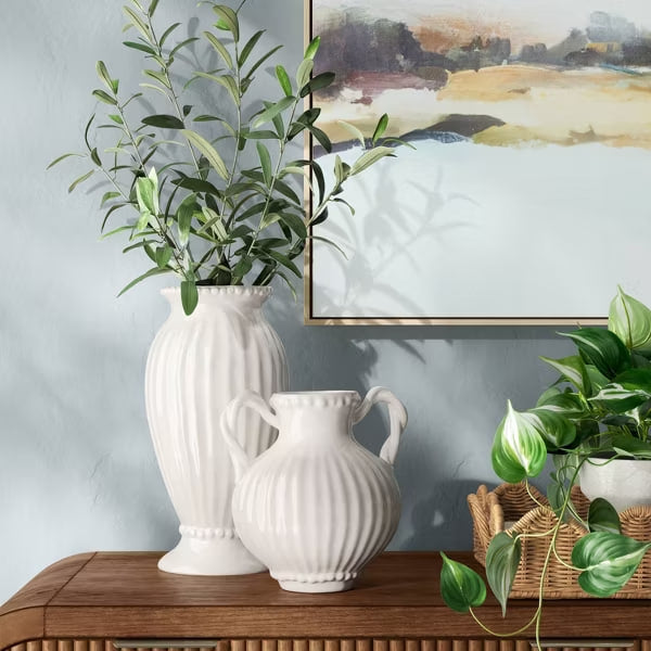 Beaded Ceramic Handled Vase Ivory