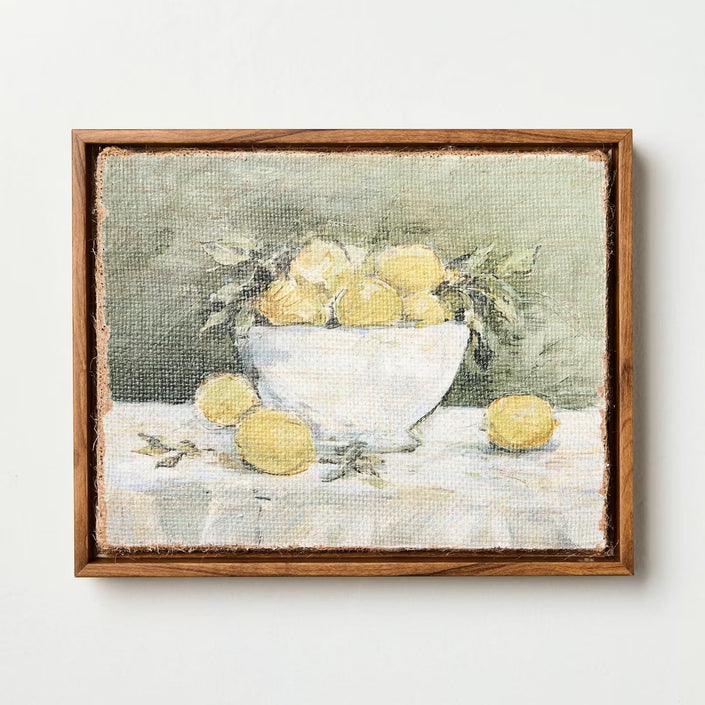 Lemon Bowl Still Life on Burlap Wall Art Framed (20 x 25cm)