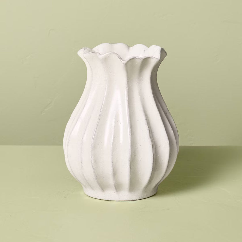 Pleated Ceramic Vase Sour Cream (23cm Medium)